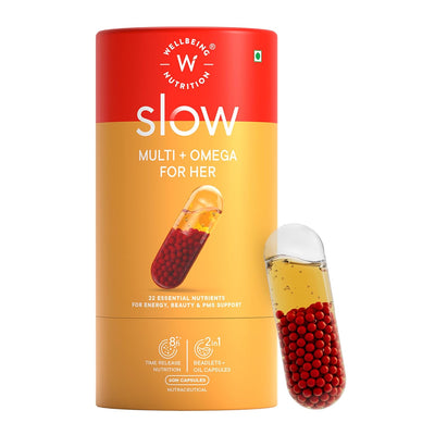 Wellbeing Nutrition Slow Multi+Omega for Her | Skin Radiance, Energy, Metabolism, PMS | 60 Veg Capsules