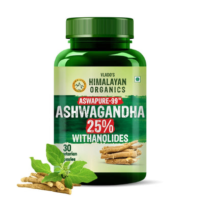 Vlado's Himalayan Organics, Ashwagandha 25% Withanolides 600mg, Maximum Potency Ayurvedic Supplement - 30 Capsules
